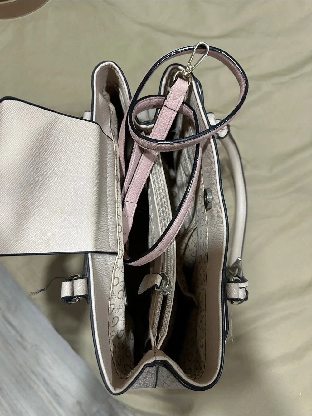 GUESS Cream Logo Tote Satchel with Silver Charm